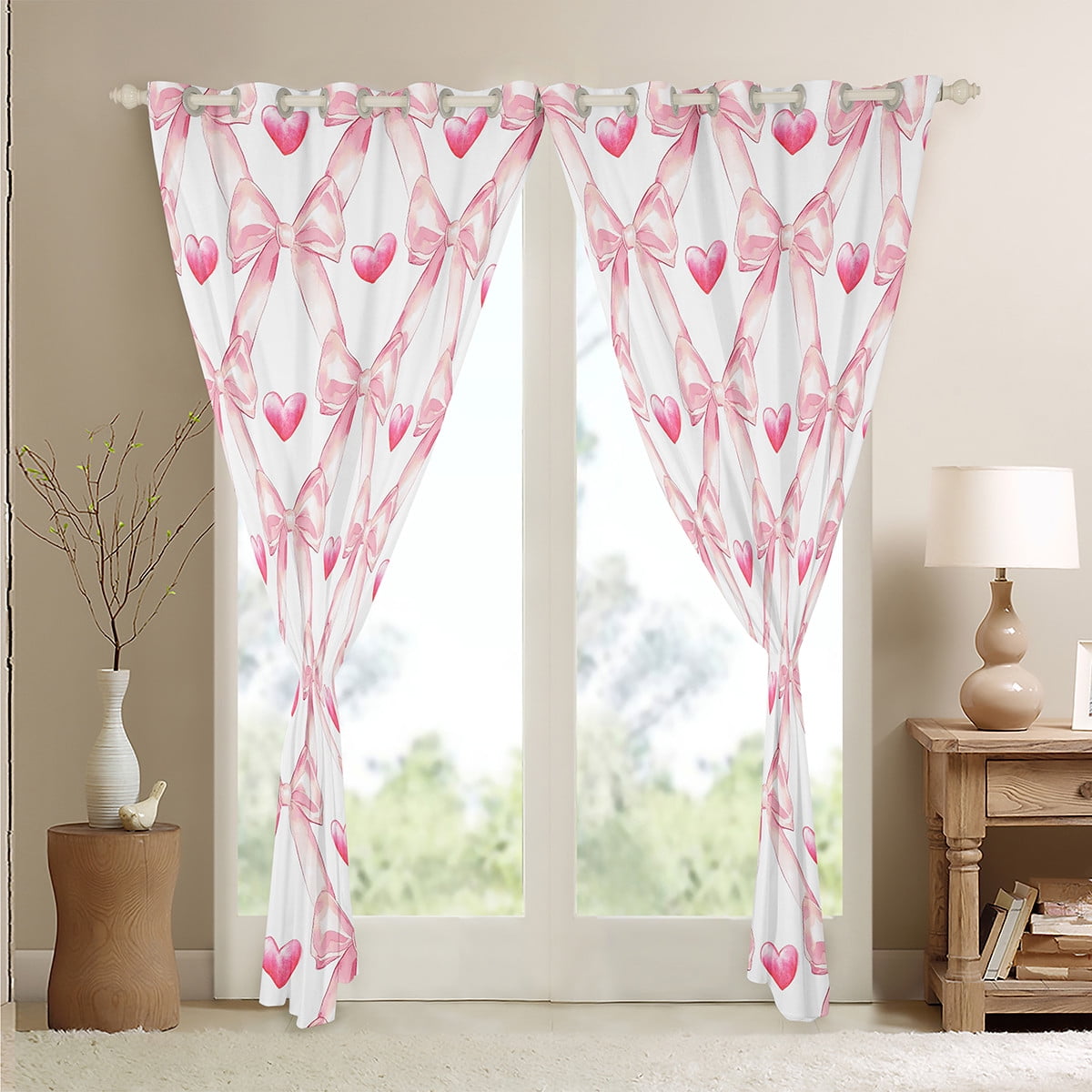 Bowknot Curtains & Drapes 38"Wx54"L Teen,Dreamy Princess Window Curtains Pink Cute Bow Girly Geometric 30%-50% Blackout Curtains Kawaii Bow Tie Heart Window Treatments 2 Panels