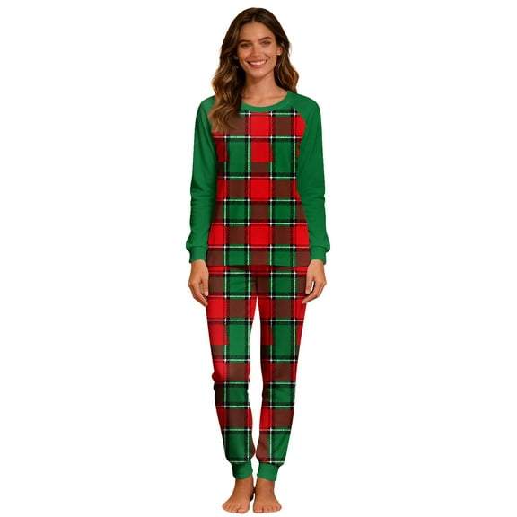 Womens Christmas Pajamas 2 Sets Long Sleeve Tops Checkered Stripes Xmas Graphic Pjs Round Neck Nightwear Soft Pjs Lounge Sleep Pants Two Pieces Sets with Pockets