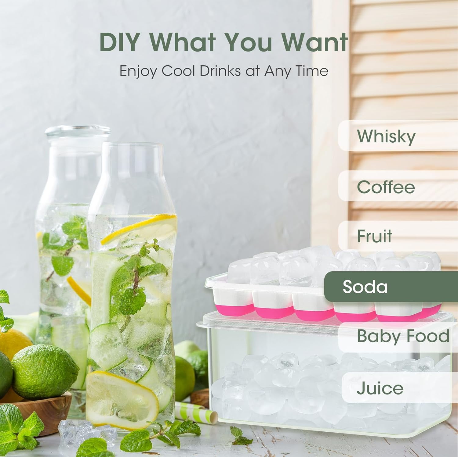 Senya Ice Cube Tray with Lid and Bin, 4 Pack Stackable Ice Tray with Storage Ice Bucket Kits, Ice Scoop