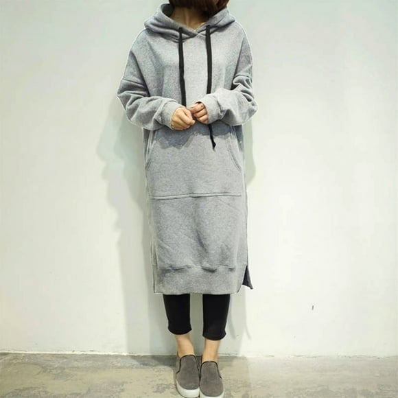 Nouvelle Robe à Capuche Longue Ample pour Femmes, Unie, Manches Longues, Poches, Fente, Décontractée, Chaude, Chandails à Capuchon
