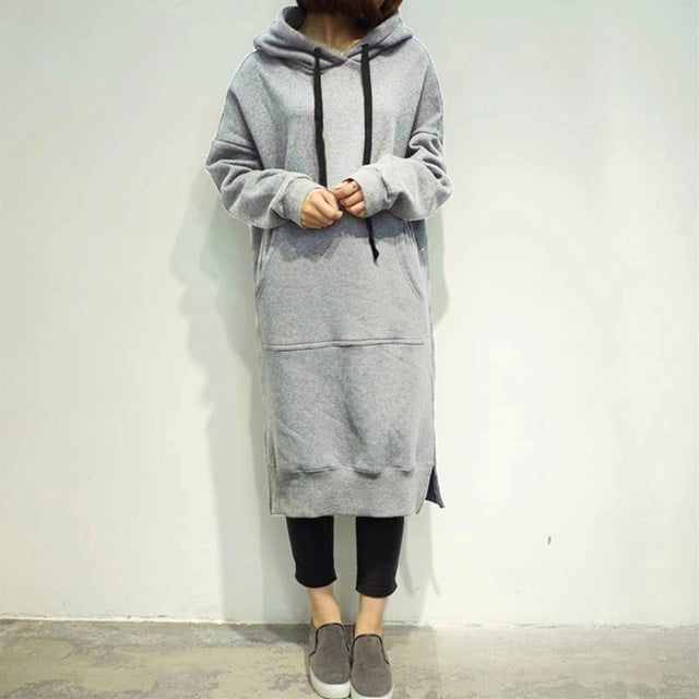 Nouvelle Robe à Capuche Longue Ample pour Femmes, Unie, Manches Longues, Poches, Fente, Décontractée, Chaude, Chandails à Capuchon