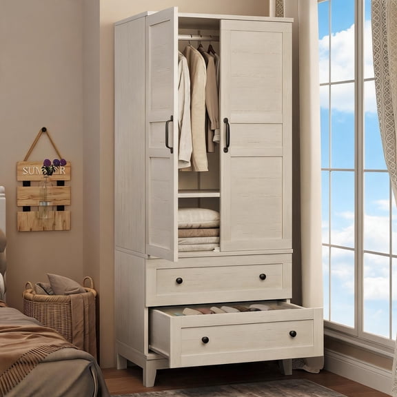 TEQIN 72" Armoire Wardrobe Closet With 2 Drawers, Heavy Duty Wooden Clothing Storage Cabinet With Hanging Rod And Adjustable Shelves, Wardrobe Cabinet For Bedroom And Living Room