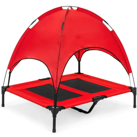 Best Choice Products Outdoor Raised Mesh Cot Cooling Dog Pet Bed for Camping, Beach, 36in, Red, with Removable Canopy, Travel
