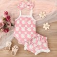 thumbnail image 3 of HESHENG Newborn Baby Girls Floral Summer Outfits Sleeveless Sling Romper Tops + Ruffle Shorts + Headband Clothes Set, Pink 0-3M(70), 3 of 9