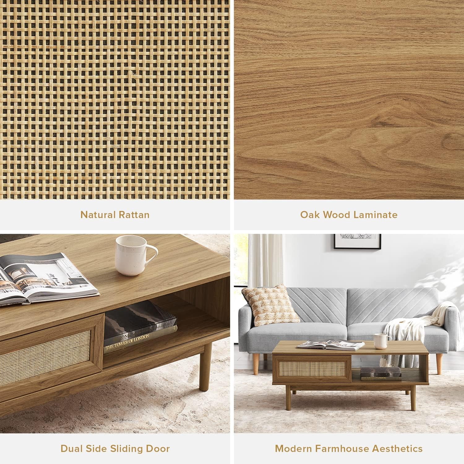 mopio Haylee Coffee Table, Modern Boho Farmhouse Natural Rattan Living Room Small Center Coffee Table with Storage (Oak)