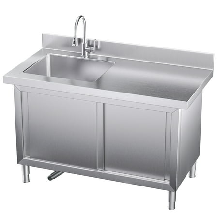Gaonala 43.3in Outdoor Stainless Steel Utility Sink 2-Tier Cabinet Pull-out Faucet Workbench for Kitchen Office School