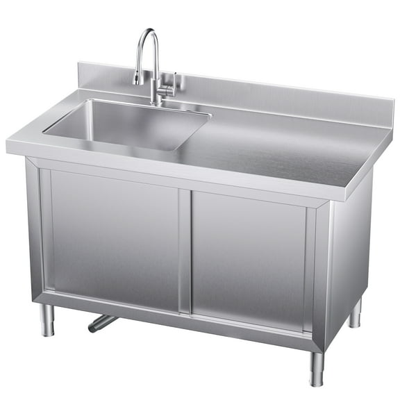 Gaonala 43.3in Outdoor Stainless Steel Utility Sink 2-Tier Cabinet Pull-out Faucet Workbench for Kitchen Office School