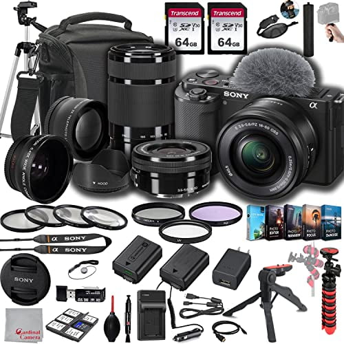 Sony ZV-E10 Mirrorless Camera with 16-50mm   55-210mm Lenses, 128GB Memory.43 Wide Angle & 2X Lenses, Case. Tripod, Filters, Hood, Grip,Spare Battery & Charger, Software Kit -Deluxe Bundle