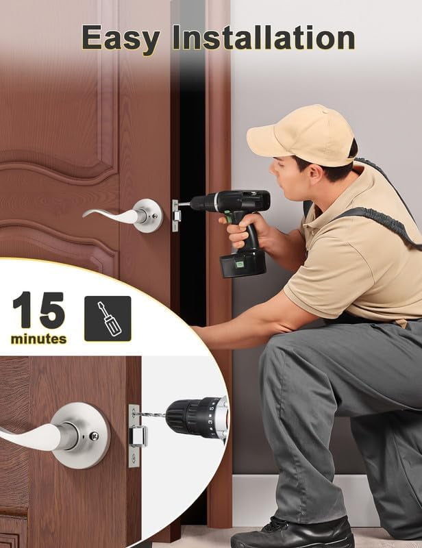 4 Pack Satin Nickel Modern Interior Passage Door Knobs, Keyless Door Handle for Hallway & Closet, Wave Style Non-Locking Door Lever Reversible for Left & Right Handed