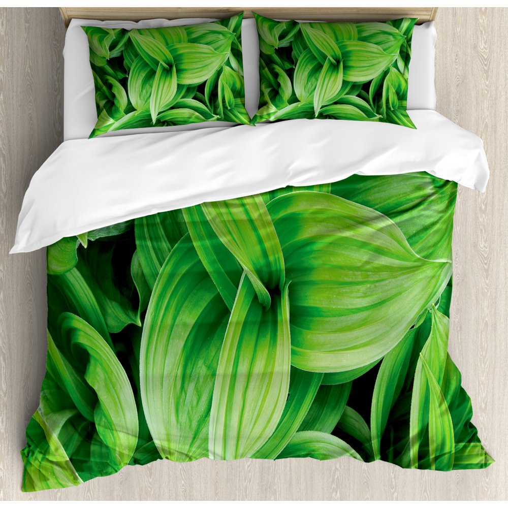 Plant Duvet Cover Set, Closeup Beautiful Tropic Foliage Pattern