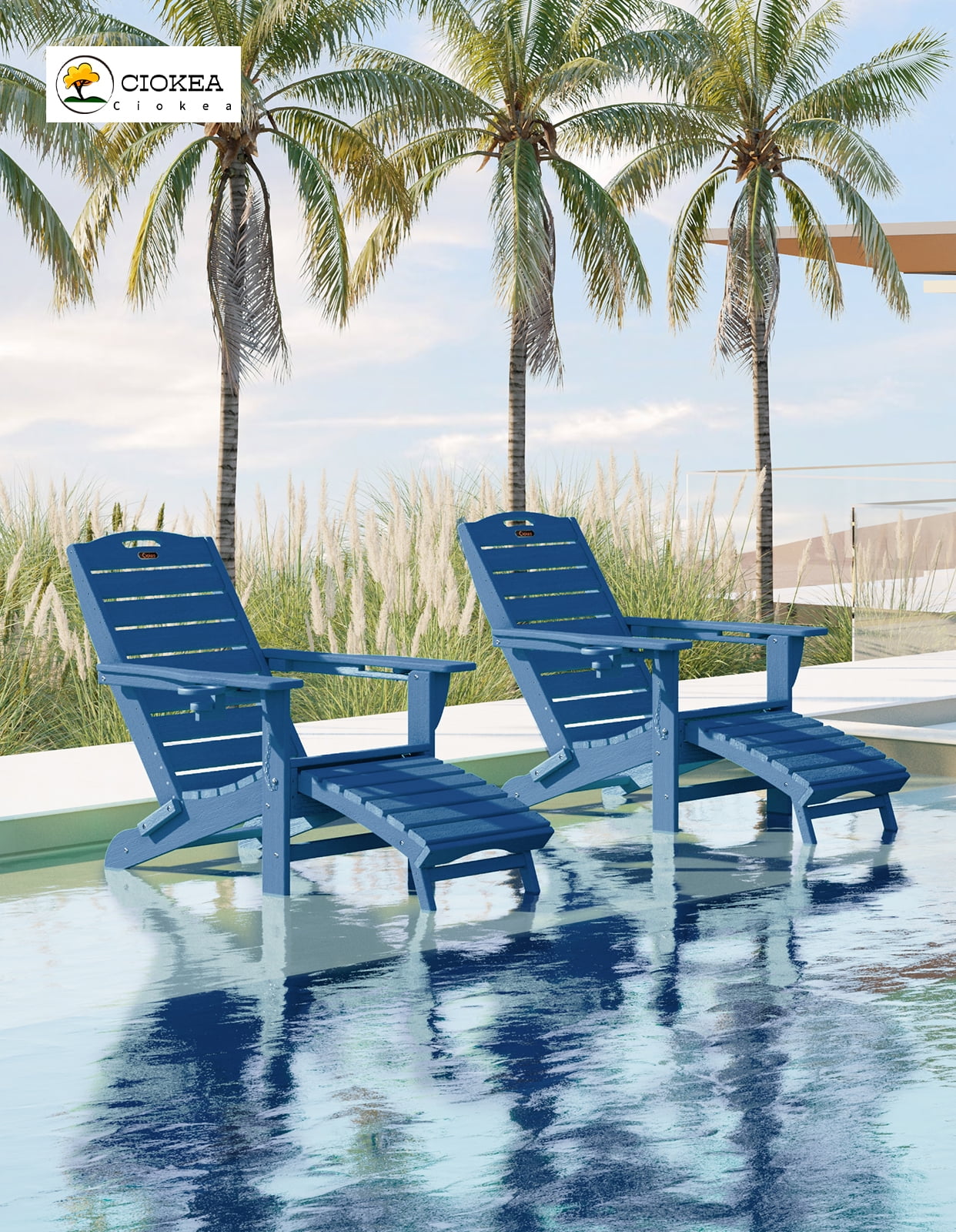 Folding Adirondack Chair Set of 2 with Retractable Ottoman Footrest, Wood Grain HDEP All Weather Fire Pit Chair with 2 Cup Holders for Outdoor, Blue
