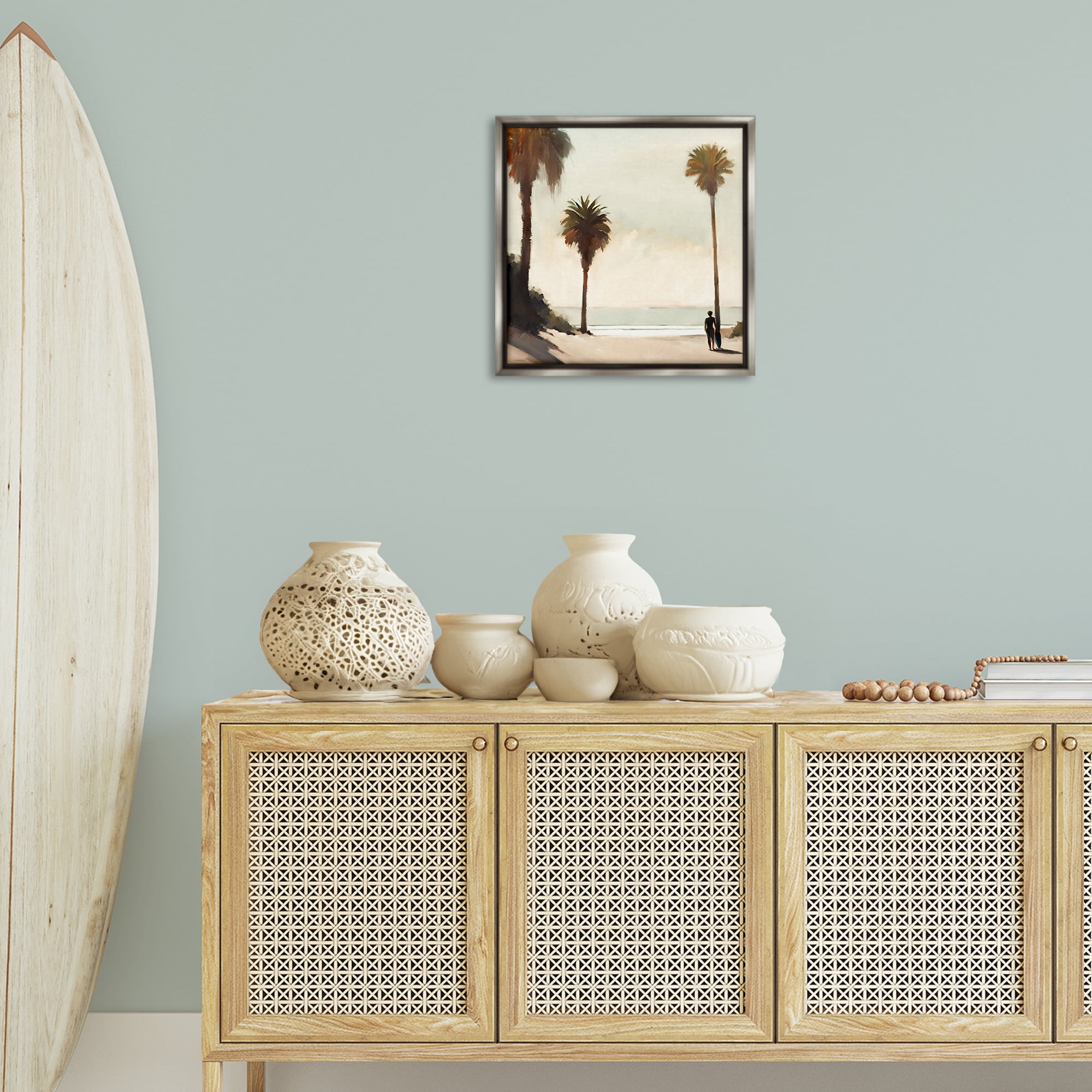 Stupell Industries Surfer with Tropical Palms Landscape & Nature Painting Gray Floater Framed Canvas Art Print Wall Art, 18 x 18