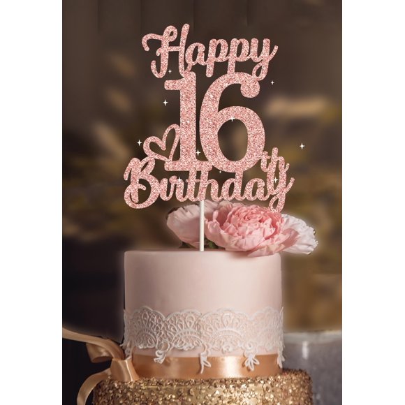Decoración para tartas Veegood con purpurina en oro rosa para cumpleaños número 16