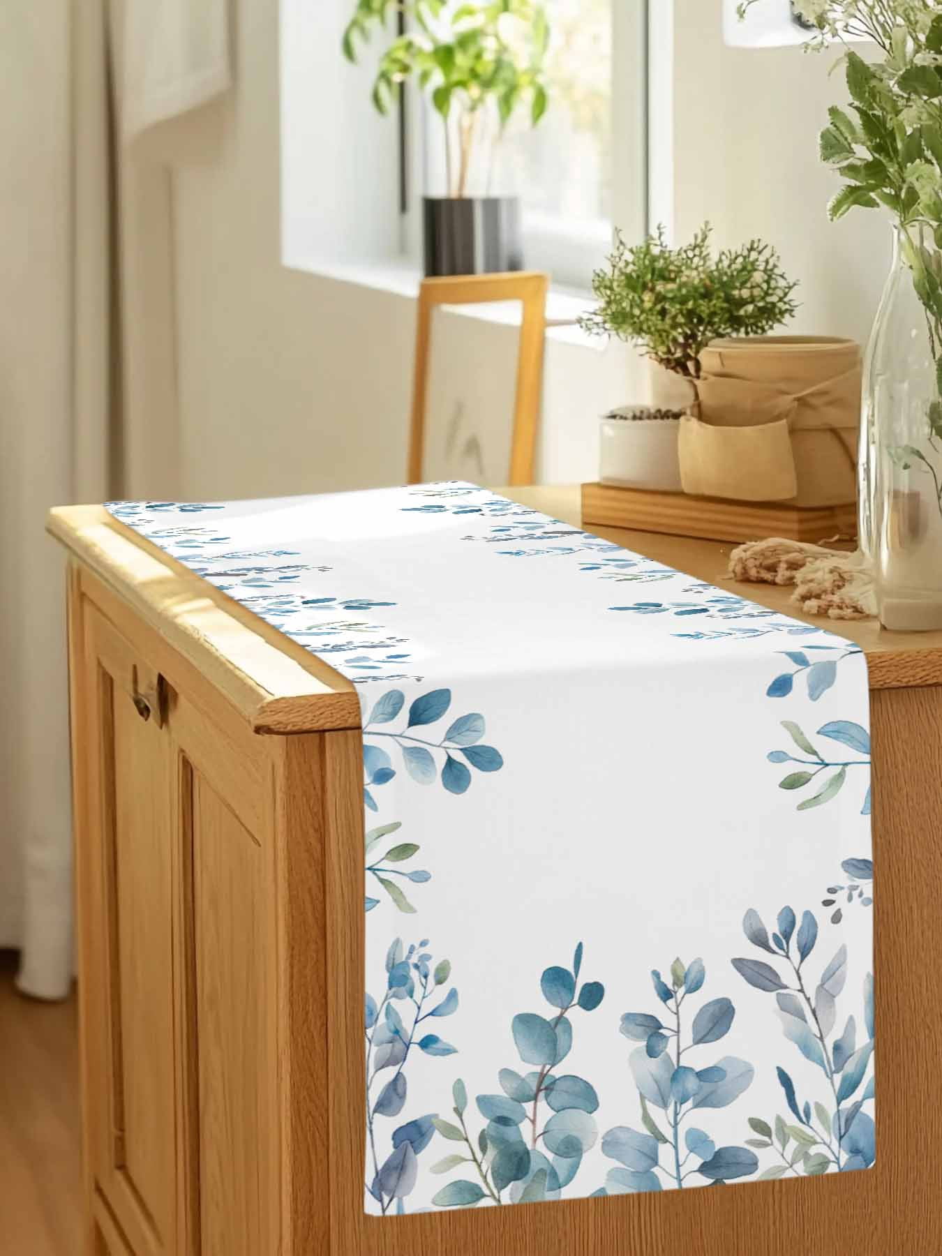 Pastoral Blue Eucalyptus Leaves Table Runner 90 Inches Long, Idyllic Botanical on White Table Runners Tabletop Scarf Kitchen Dining Tables Decoration for Home Party Indoor Outdoor