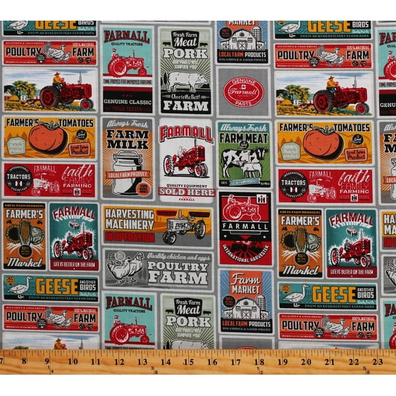 Cotton Farmall Farm To Table Vintage Posters Allover Farmer's Market Signs Multi-Color on Gray Cotton Fabric Print by the Yard (10460)
