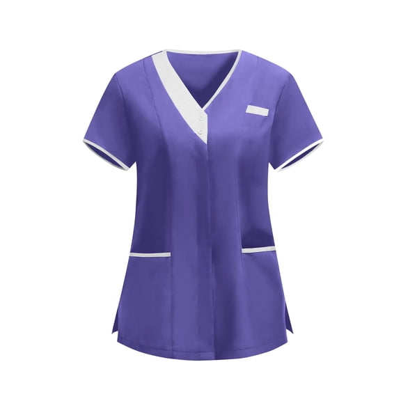Womens Housekeeping Uniforms Tops Vneck with Button Short Sleeve Scrub Tops Moisture-Wicking Medical Shirts