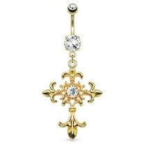 Body Accentz Belly Button RingFleur de Lis Cross with Centered Clear Gem Dangle 14kt Gold Plated Navel Ring