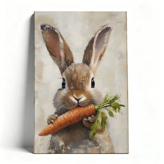 Bunny With Carrot Oil Painting Canvas Wall Art, Cute Farmhouse Animal Decor, Rustic Rabbit Artwork For Nursery, Kitchen, Living Room, Ready To Hang-8*12inch(20*30cm)