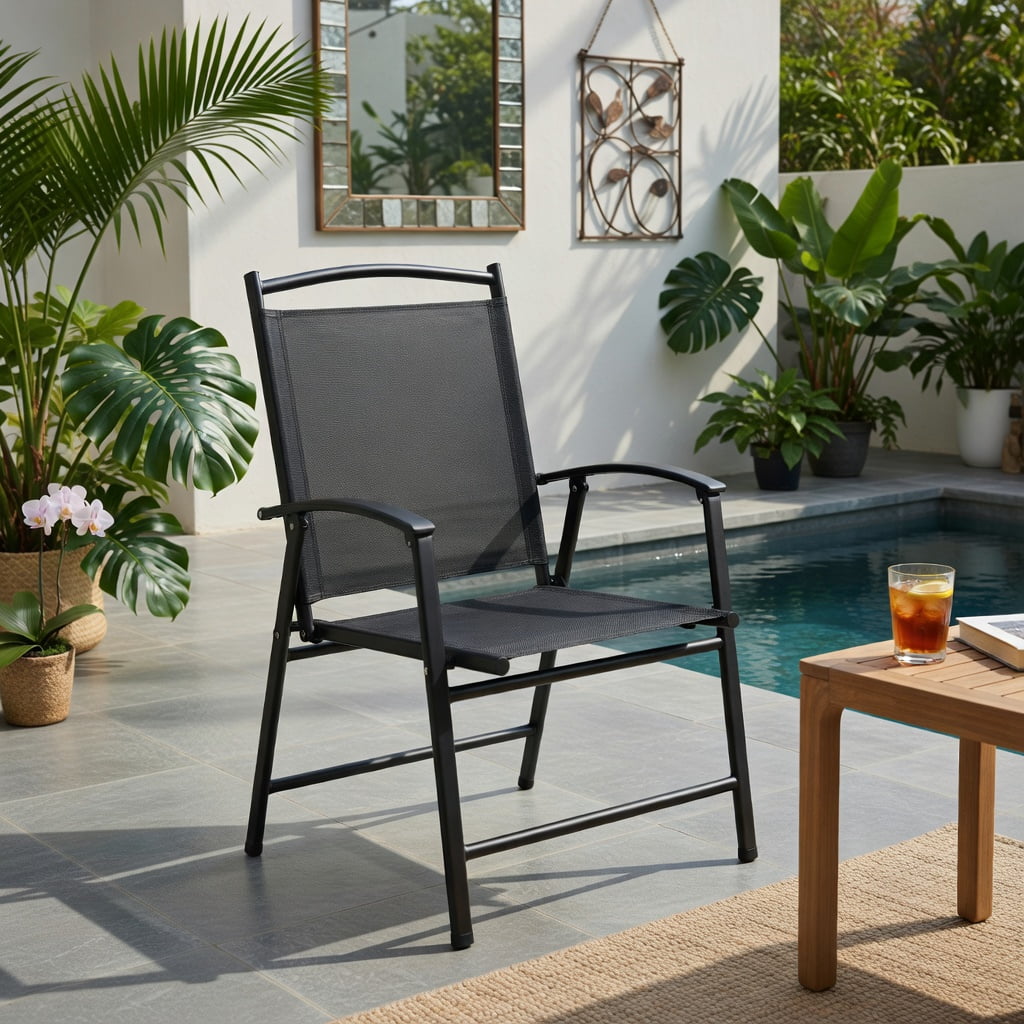 Hommoo 2-Pack Foldable Outdoor Patio Chairs with Ergonomic Armrests, Heavy-Duty Steel Frame, Weather-Resistant Fabric, Black