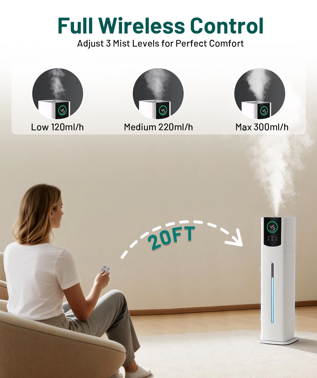 Dhole 9L Cool Mist Humidifier for Bedroom Ultra Quiet, 55+ Hours, Energy Efficient, Auto Shut-Off, Sleep Mode with Night Light for Baby Nursery, Home - Perfect for Large Rooms