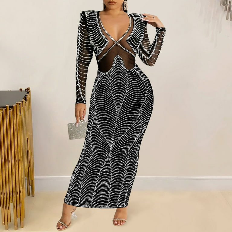 Women Long Sleeve Prom Dress Nightclub Rhinestone Mesh Long Sleeve Long Dress Women Fashion Transparent Large Size Evening Dresses Women s Formal