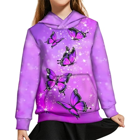 

KUILIUPET Kids Hoodies Youth Boys Fall Spring Sweatshirts Teens Girls Cute Bling Butterflies Purple Printed 8-10 Years Old Long Sleeve Hooded Pullover with Strings Pocket Athletic Outfits