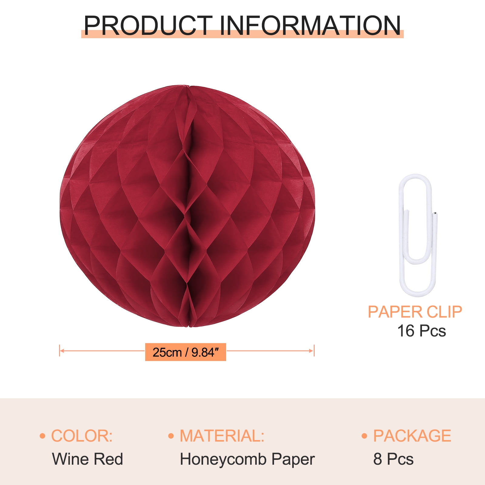 Uxcell 8 Pcs Honeycomb Balls, 10" Dia Honeycomb Flower Paper Pom Poms Paper Flowers Crafts for DIY Crafting Home Decor Birthday Christmas Party, Wine Red
