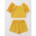 thumbnail image 4 of 6Y Little Girls Clothes 7 Years Little Girls 2PCS Summer Clothing Set Off-the-shoulder Solid Color Little Girls Short Sleeve Top Short Set Yellow, 4 of 7