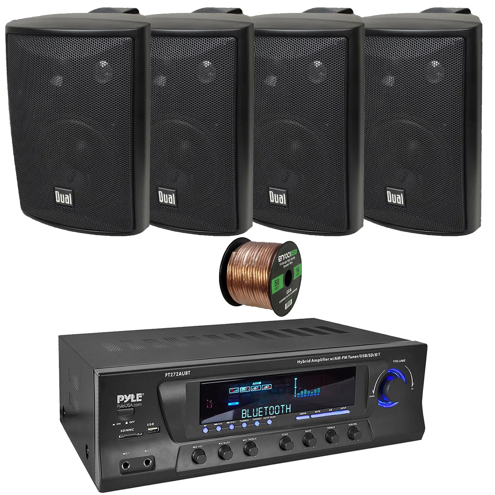 Pyle PT272AUBT High-Power 300 Watt Max Bluetooth Home Theater Amplifier Receiver with AM/FM Radio, MP3 & USB Playback, 4x 4" 200 Watts Max Power 3-Way Indoor/Outdoor Black Speakers W/50 Feet 16G Wire