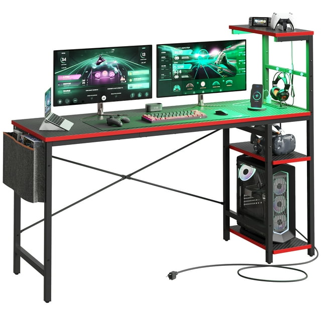 Bestier 61" Reversible Gaming Computer Desk with Power Outlet LED Desk with 4 Tier Shelves, Black Carbon Fiber