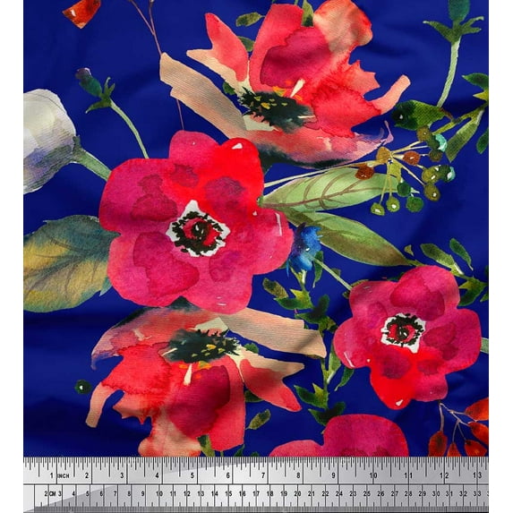 Soimoi Japan Crepe Satin Fabric Leaves & Poppy Flower Decor Fabric Printed Yard 42 Inch Wide
