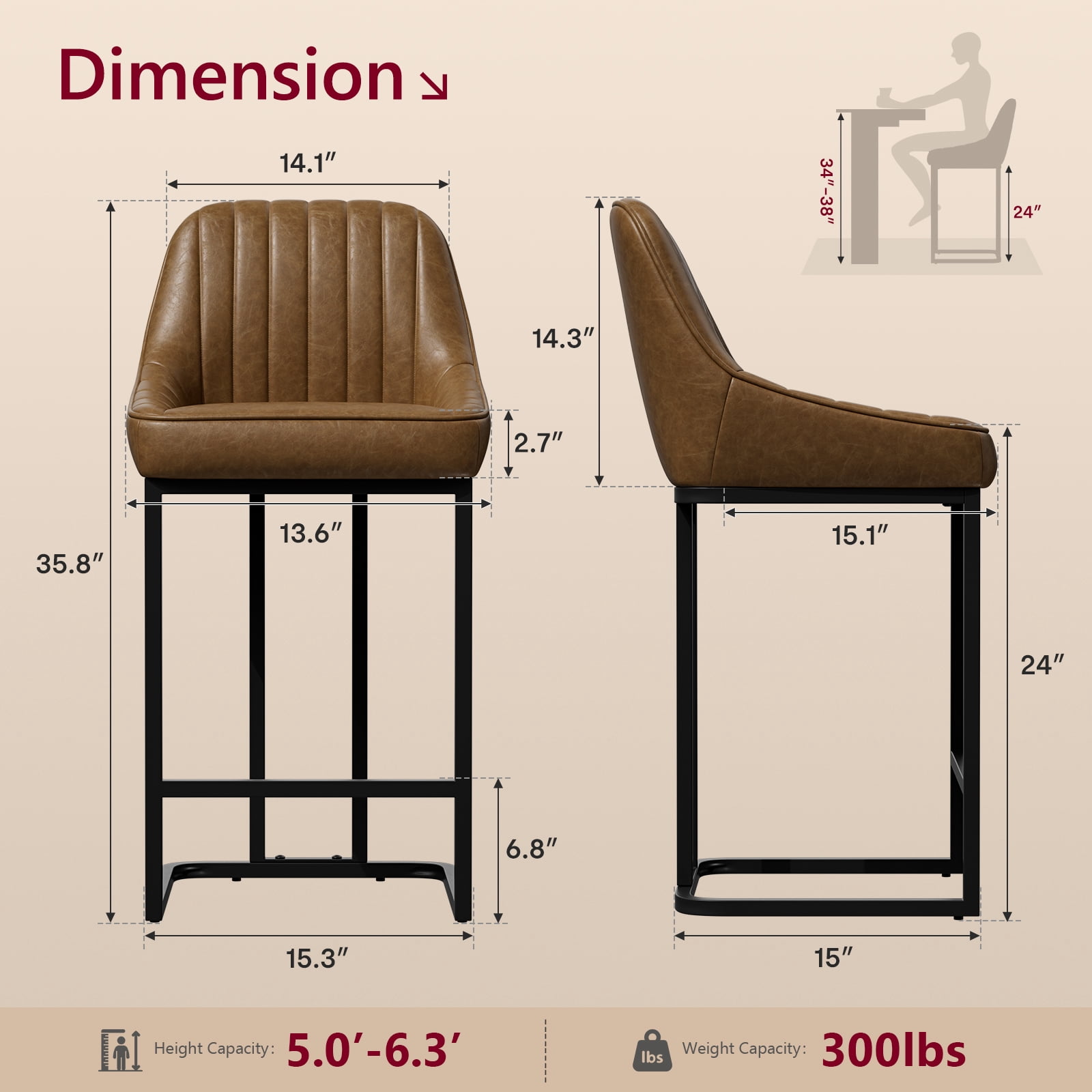 iooHug Bar Stools Set of 2, 24 Inch Counter Height Bar Stools with Back and Metal Frame, Upholstered Leather Barstools for Kitchen Island, Home Bar, Counter, Support 300 LBS, Brown