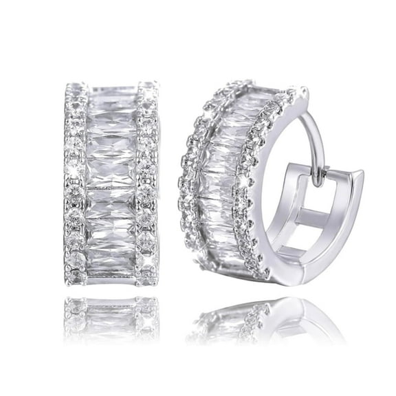 Brilliant Cubic Zirconia Iced CZ Huggie Trendy Chunky White Gold Plated 925 Sterling Silver Post Thick Baguette Hoop Earrings