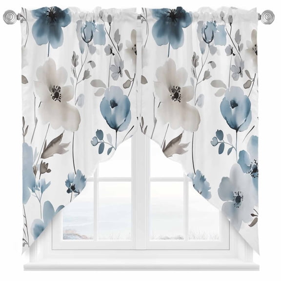 Abstract Blue Swag Curtain Valance for Windows, Brown Floral Vintage Watercolor Blossom Flowers Window Treatments Short Swag Topper for Kitchen Windows Bathroom Bedroom, 36"x45"