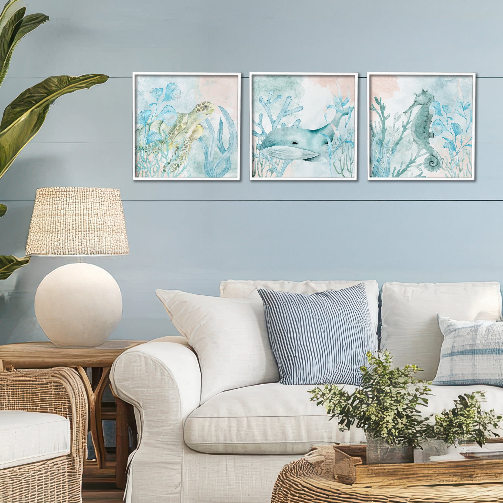 Stupell Industries Aquatic Animals Sea Swim 3 Piece White Framed Giclee Art Set, design by Kim Allen