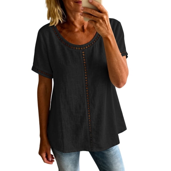 Kojanyu Women's Cotton Linen Short Sleeve T-Shirts Casual Loose Round Neck Summer Tops 2026, S-XXL