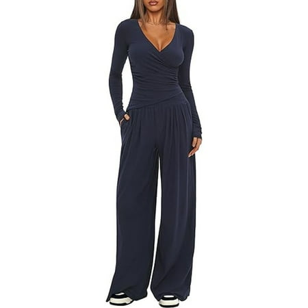 WTOBBY Women s Casual Long Sleeve Shirt and High Waisted Drawstring Shorts Two Piece Set Loose Fall Tracksuit Outfit for Women Dark Blue L