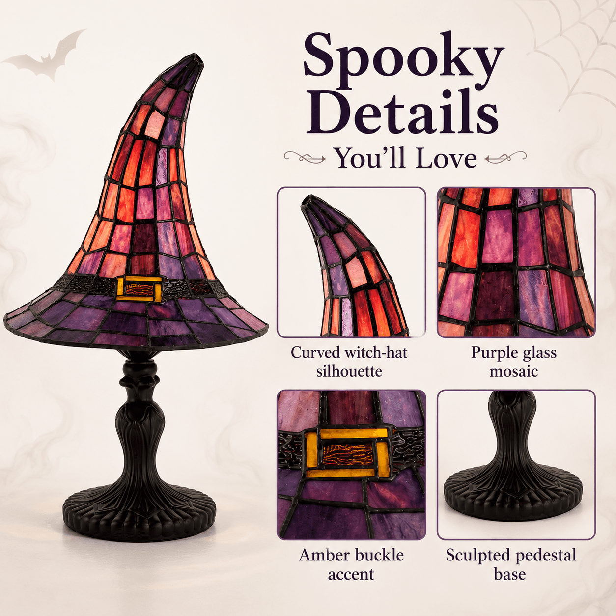 2026 Stained Glass Witch Hat Table Lamp, Colorful Gothic Halloween Décor with Purple & Orange Panels for Seasonal Accent Lighting & Display