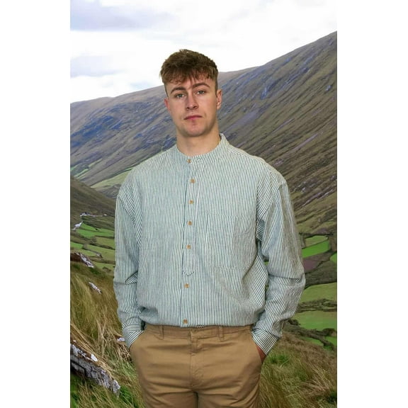 Classic Grandfather Shirt – Green, Blue, and White, 8-Button, XXLarge