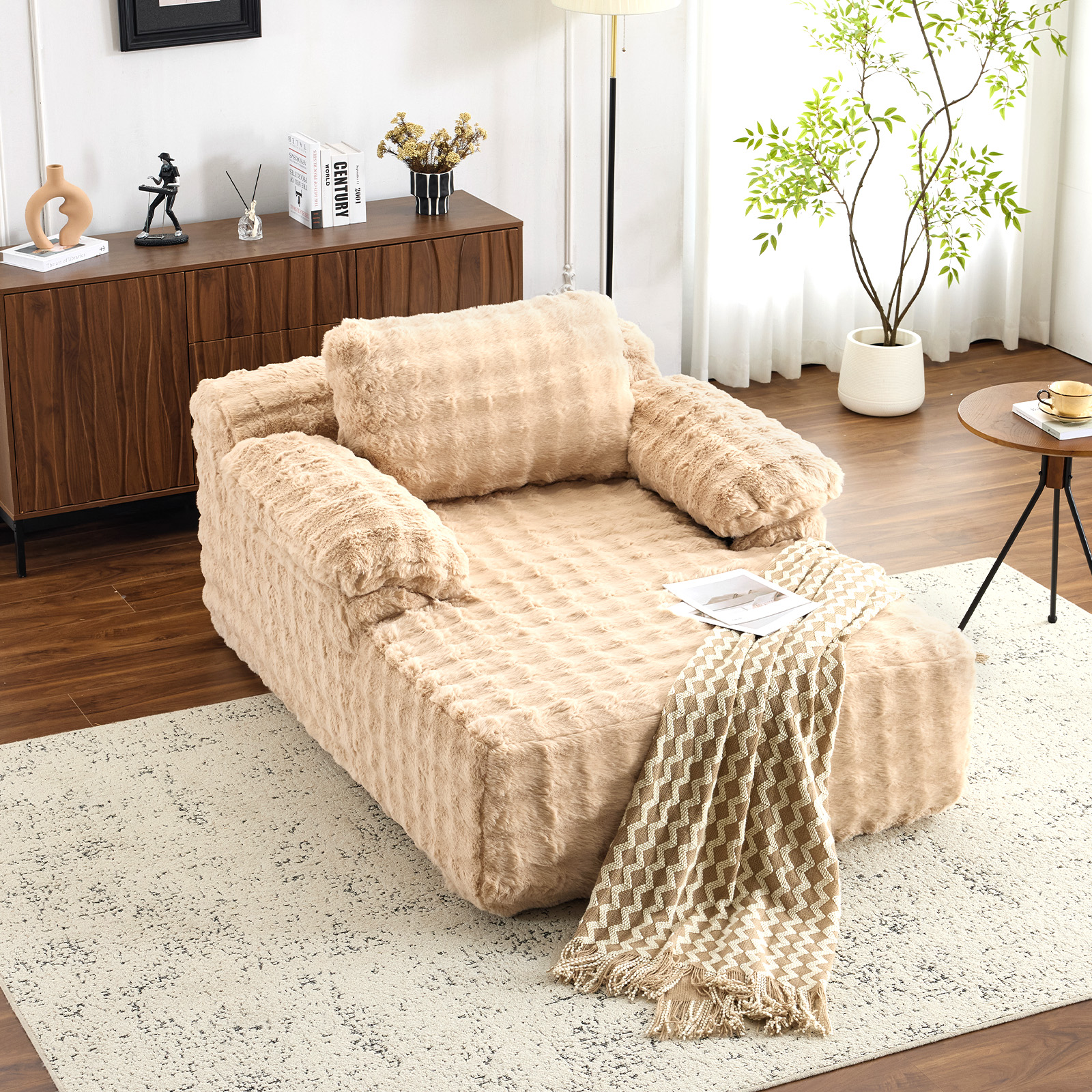 Ktaxon 68" Lounge Chair, Bubble Fleece Fabric Sofa Bed, Boneless Sleeper Chaise with Removable Backrest & Pillow-Top Armrests for Living Room Light Khaki