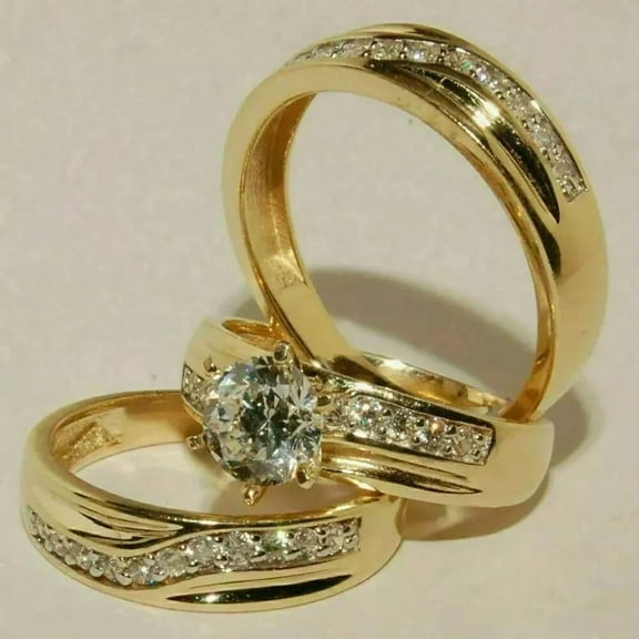 Bluebell Jewels 2Ct His & Her CZ 14K Yellow Gold Finish Trio Bridal Engagement Ring Set