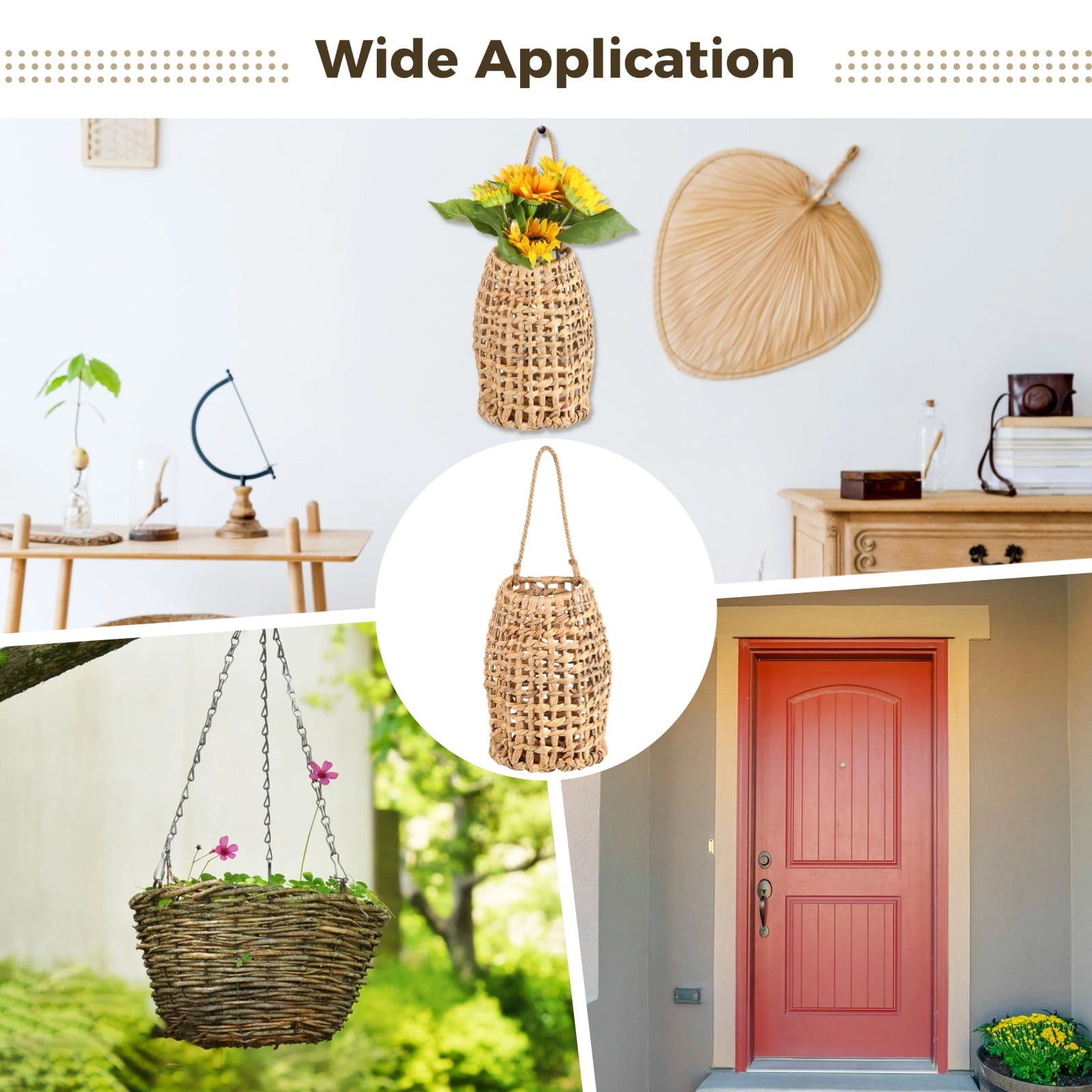 Handcrafted Woven Hanging Flower Basket – Rustic Farmhouse Door Hanging Storage Basket, Natural Water Hyacinth, for Flowers, Vegetables or Home Decor