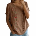 thumbnail image 3 of Embroidered Cotton Linen Tops Oversized Linen Shirts For Women Summer Linen Tops Lightweight Linen Blouses For Women Peasant Blouse Womens Summer Tops Gauze Shirts Womens Gauze Tops Coffee 2XL, 3 of 9