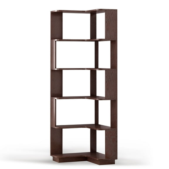 CQSXDA 6 Tier L-Shaped Corner Bookcase With Anti-Drop Panel In Wood Finish For Office And Home Display, Ox Blood Red