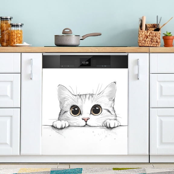 Yayeee Magnetic Dishwasher Cover for The Front Decoration Home Kitchen Machine Sticker Protector, White Cat