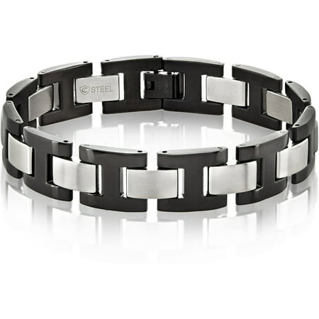 Crucible Black and Silver IP Brushed and Polished Stainless Steel H Link Bracelet (15mm), 8.5