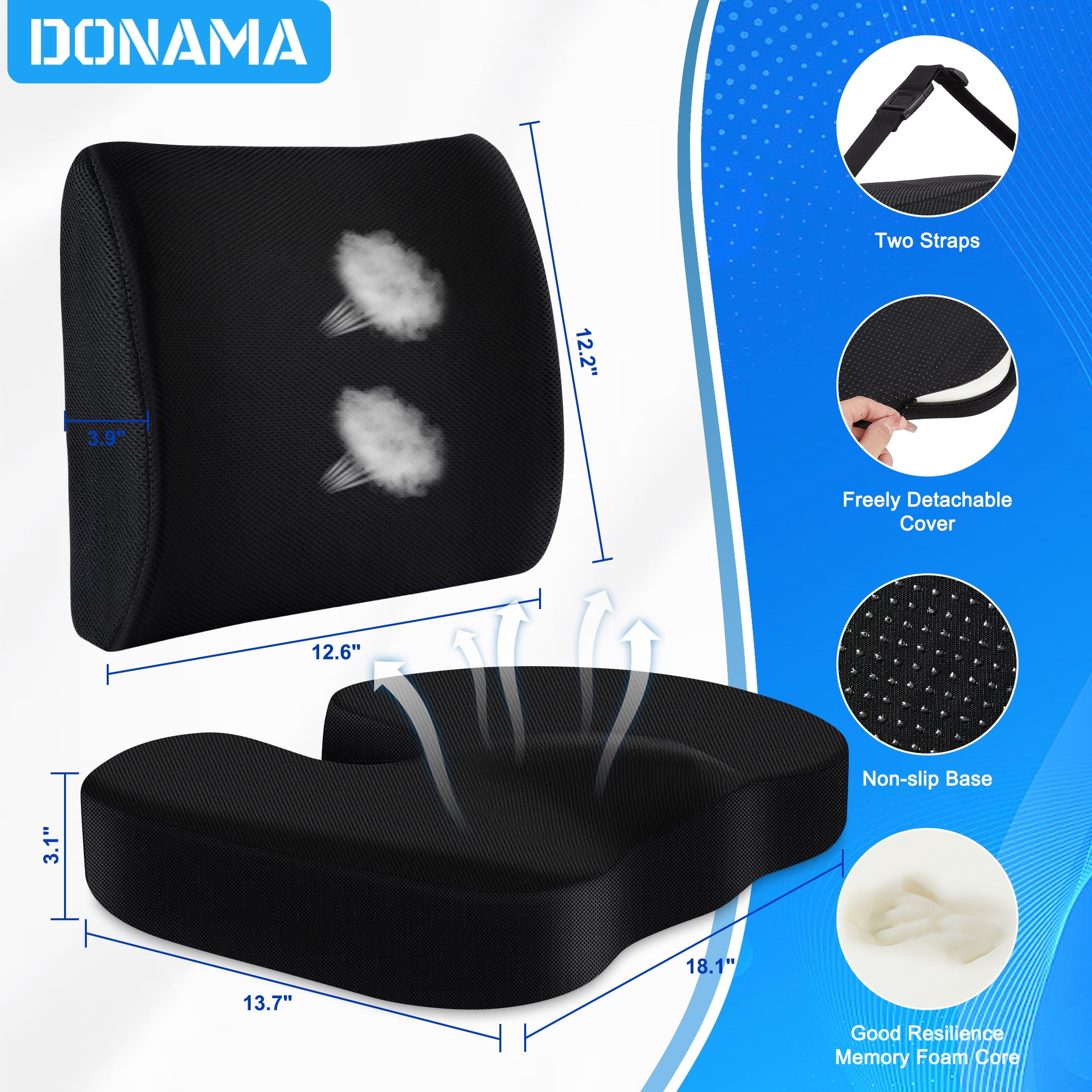 DONAMA Memory Foam Chair Seat & Lumbar Cushion for Tailbone, Hip Pain Relief - Ideal for Office, Car, Wheelchair