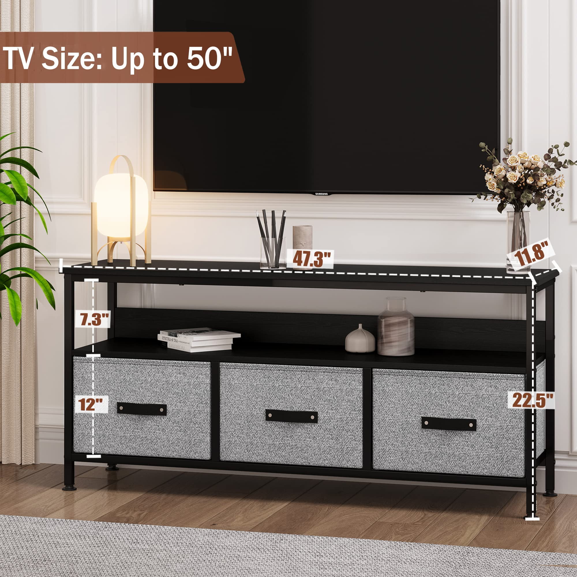 DSstyles Durable Television Stands, Metal Wood Grey, 47.3” x 11.8” x 22.5”