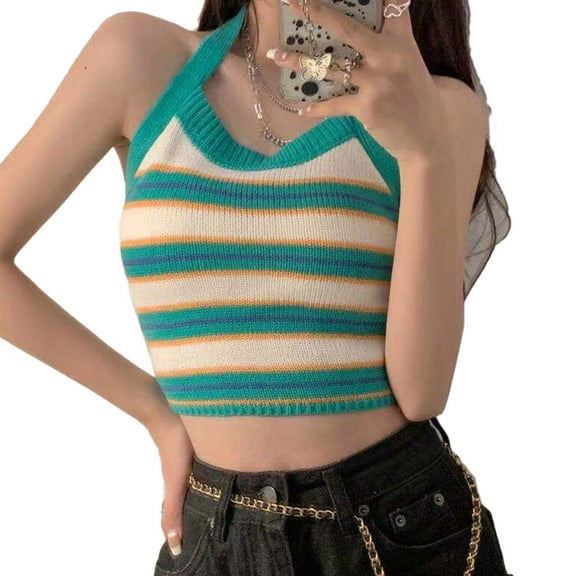 JUNTEX Women Summer Sexy Halter Backless Crop Top Bow Tie Back Contrast Color Striped Knit Camisole Casual Slim Sweater Vest