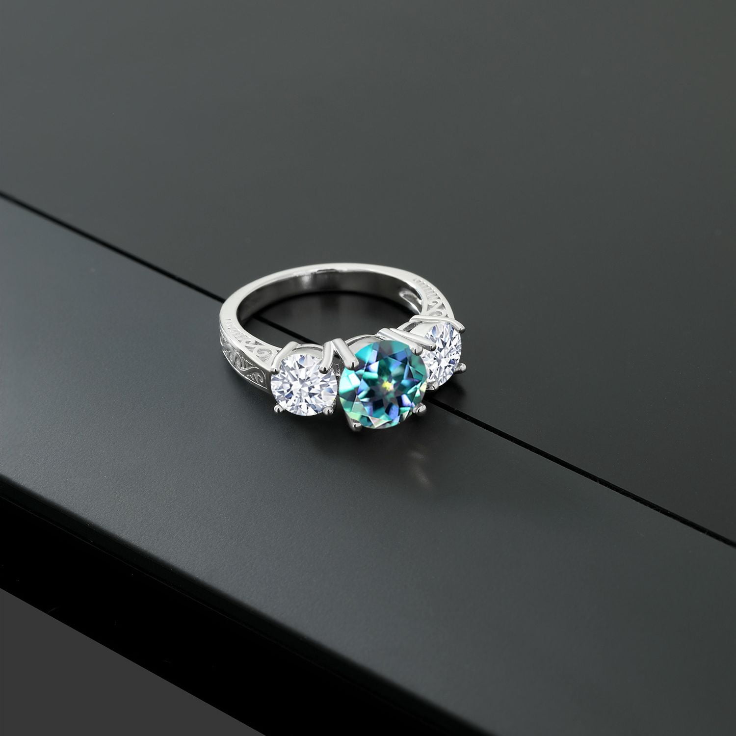 Gem Stone King 5.00 Cttw Round Millennium Blue Mystic Topaz 3-Stone Ring for Women | 925 Sterling Silver | Three Stone Wedding Engagement Anniversary Promise Ring for Women | Size 5